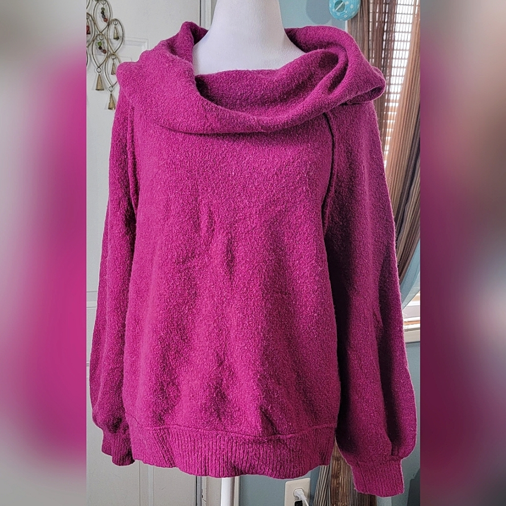Free People Eco Beach Cowl Neck Chunky Sweater Womens S Magenta Soft Cozy Wool B
